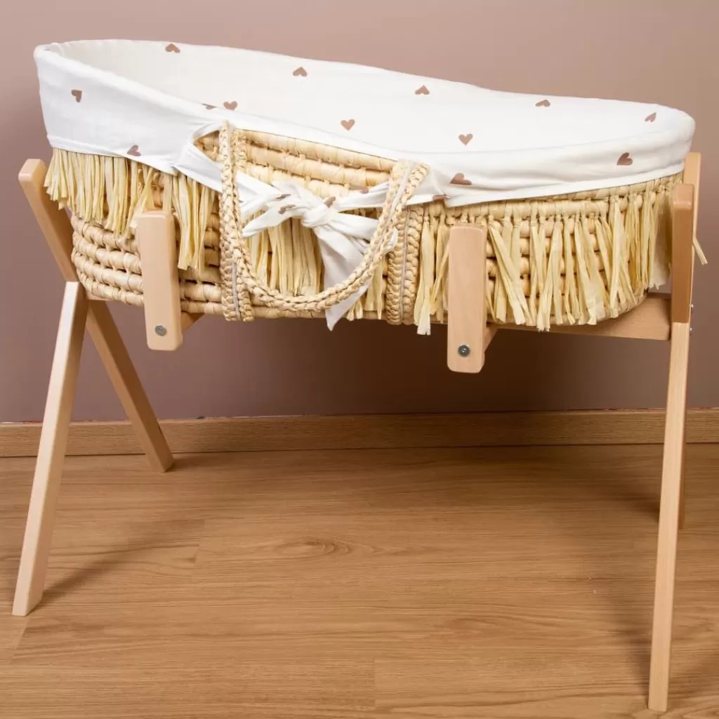 vidaXL Meubelen Voor Baby'S & Peuters>Childhome Mozesmand Raffia Met Matras En Hoes Hartjesprint