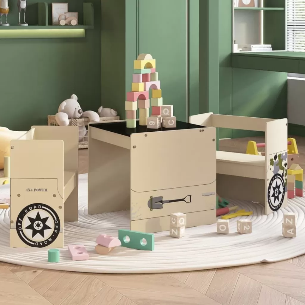 vidaXL Meubelen Voor Baby'S & Peuters> 3-Delige Kindertafel- En Stoelenset Off-Road-Auto-Ontwerp Mdf