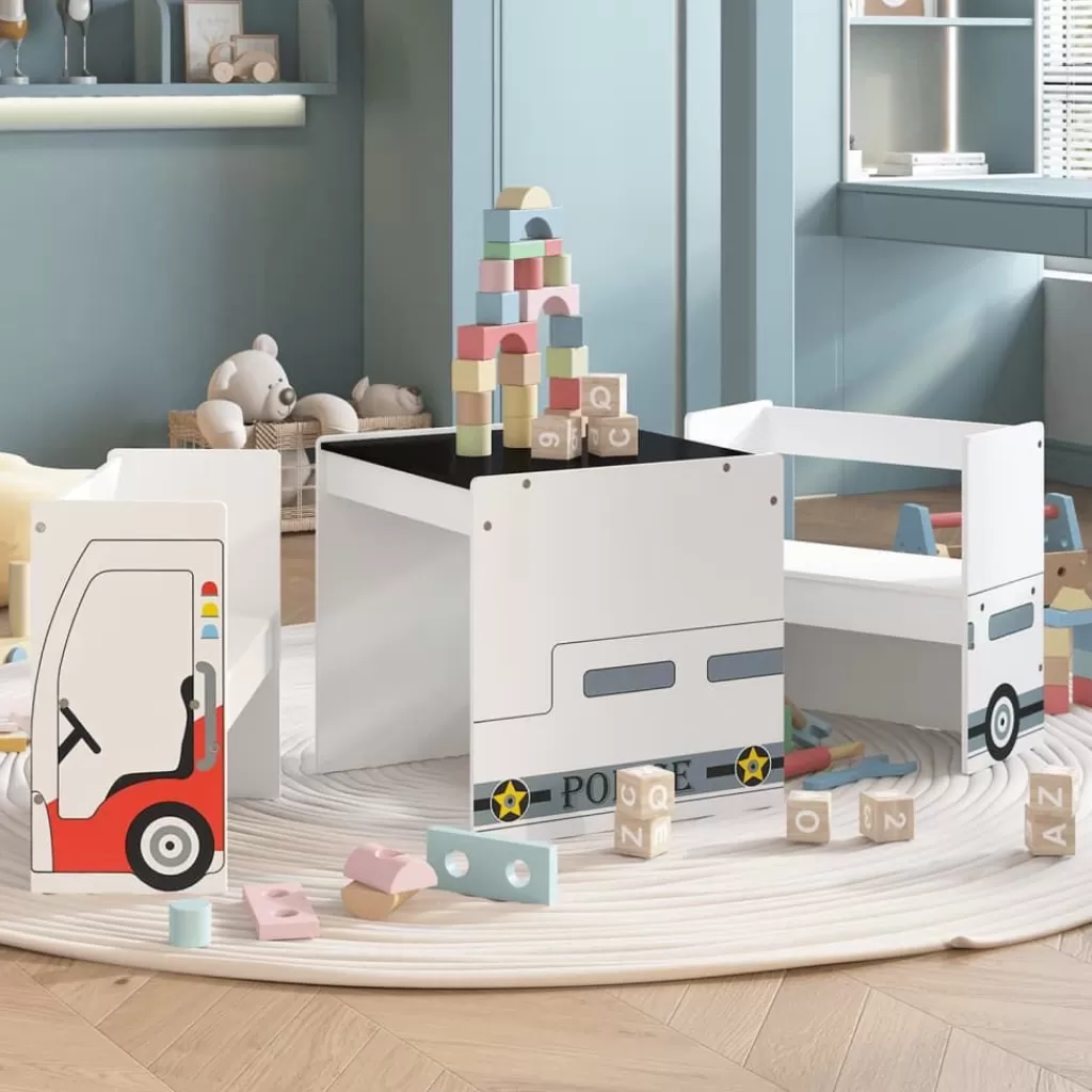 vidaXL Meubelen Voor Baby'S & Peuters> 3-Delige Kindertafel- En Stoelenset Politieauto-Ontwerp Mdf