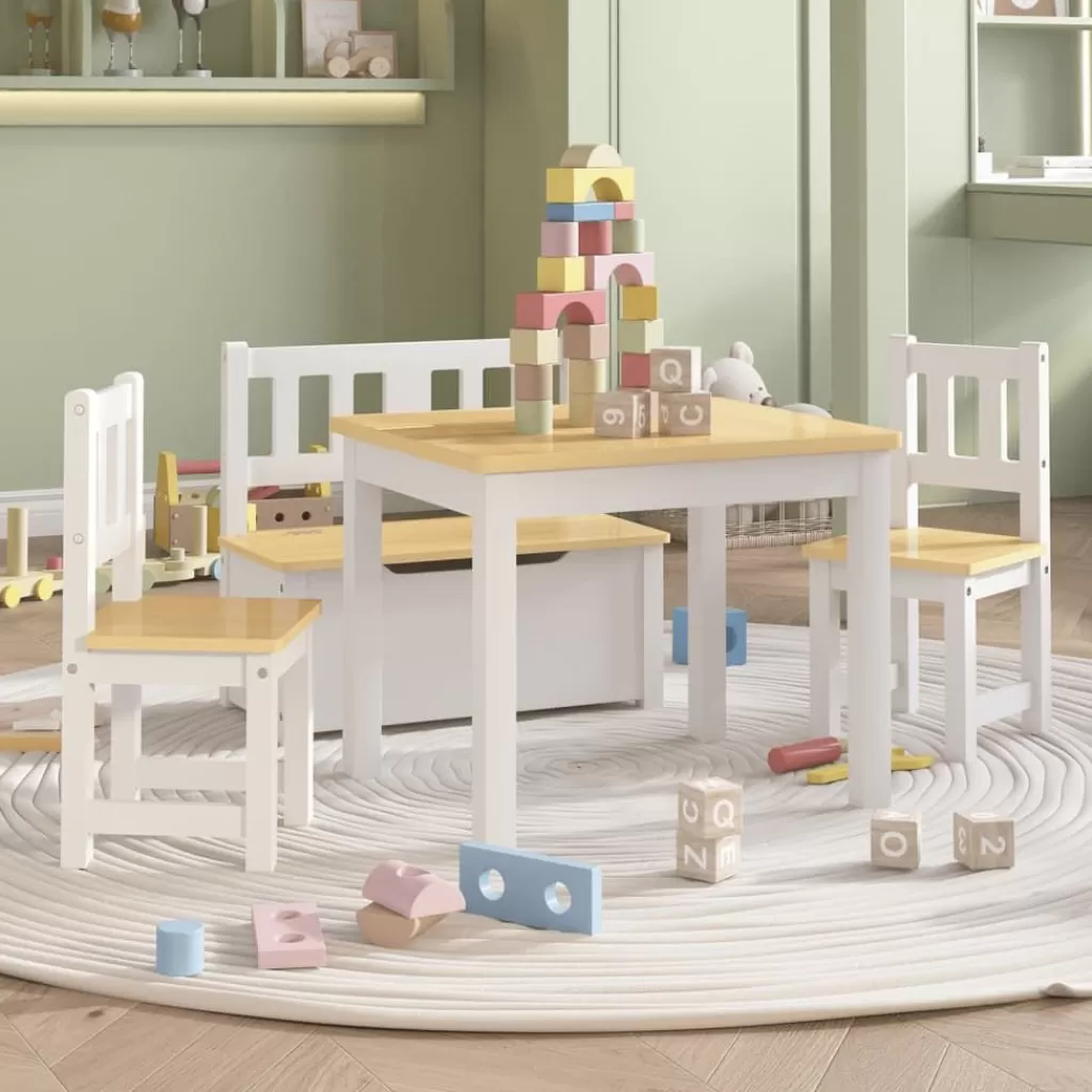 vidaXL Meubelen Voor Baby'S & Peuters> 4-Delige Kindertafel- En Stoelenset Mdf Wit En Beige