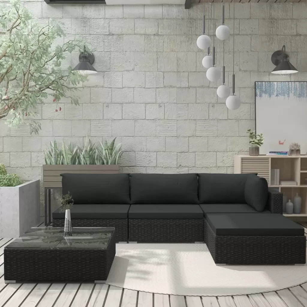 vidaXL Tuinmeubelen> 5-Delige Loungeset Met Kussens Poly Rattan Zwart