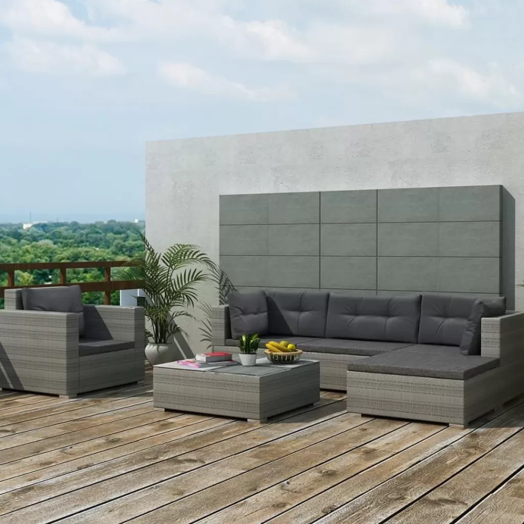 vidaXL Tuinmeubelen> 6-Delige Loungeset Met Kussens Poly Rattan Grijs