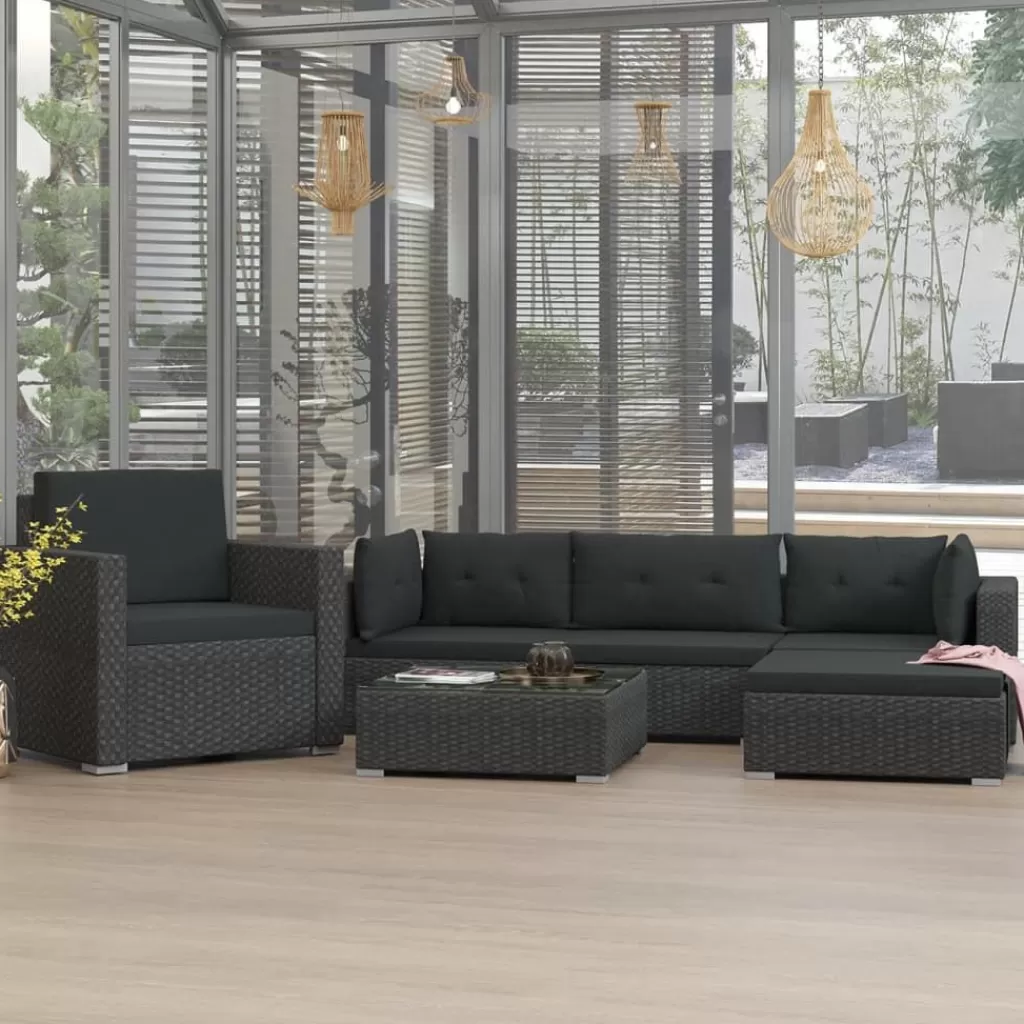 vidaXL Tuinmeubelen> 6-Delige Loungeset Met Kussens Poly Rattan Zwart