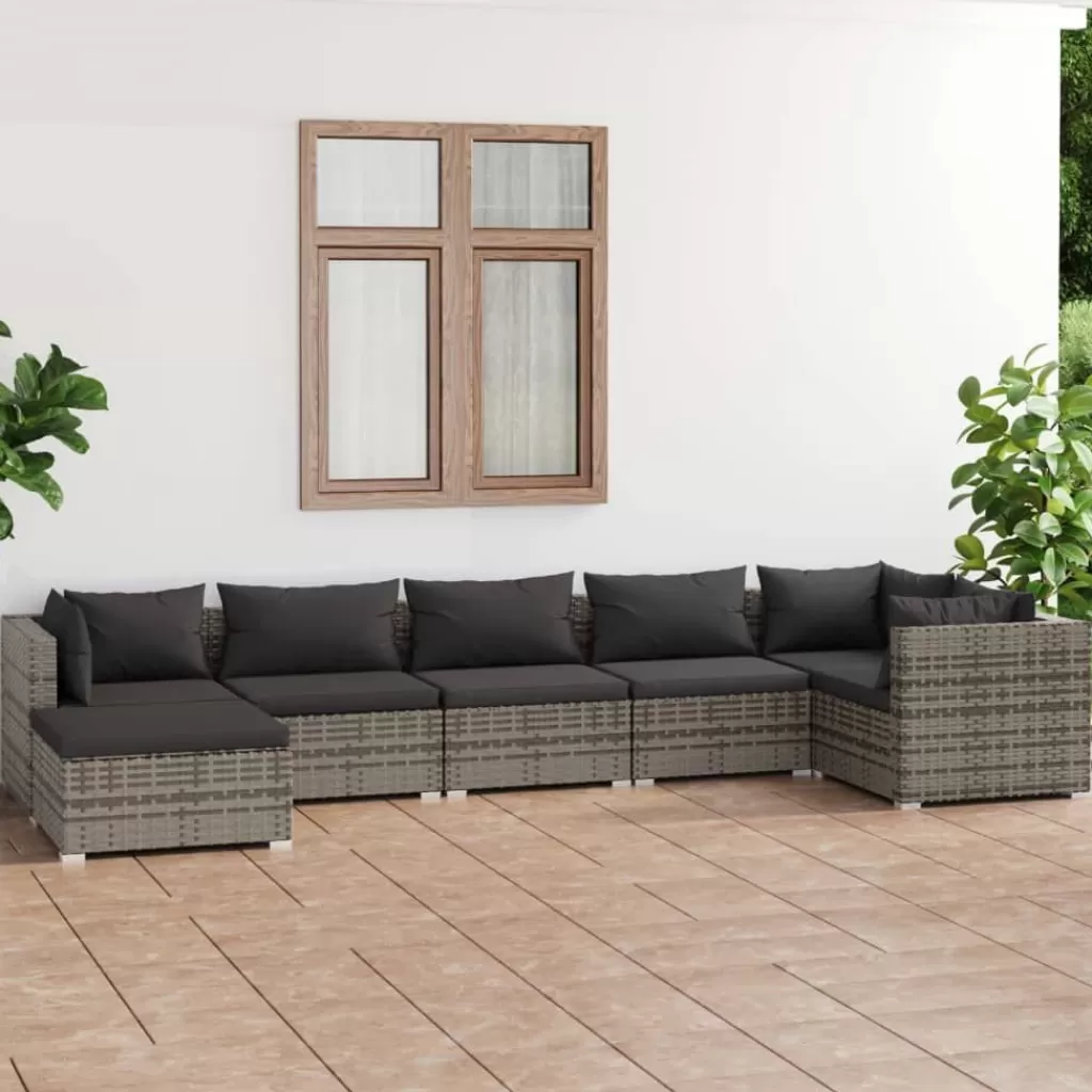 vidaXL Tuinmeubelen> 7-Delige Loungeset Met Kussens Poly Rattan Grijs