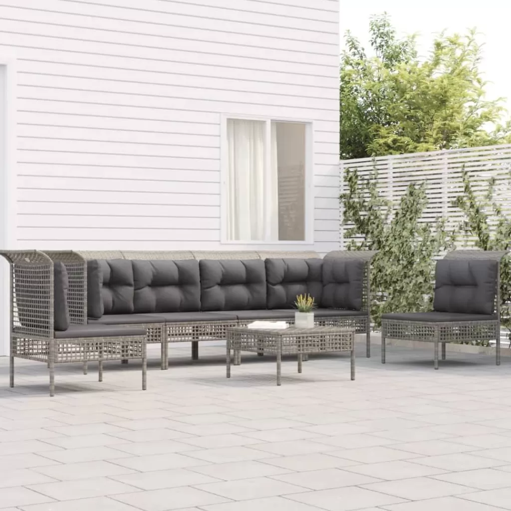 vidaXL Tuinmeubelen> 7-Delige Loungeset Met Kussens Poly Rattan Grijs