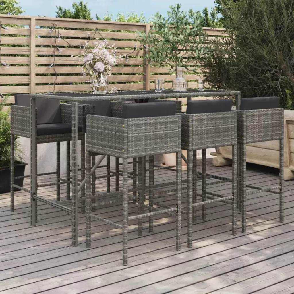 vidaXL Tuinmeubelen> 7-Delige Tuinbarset Met Kussens Poly Rattan Grijs