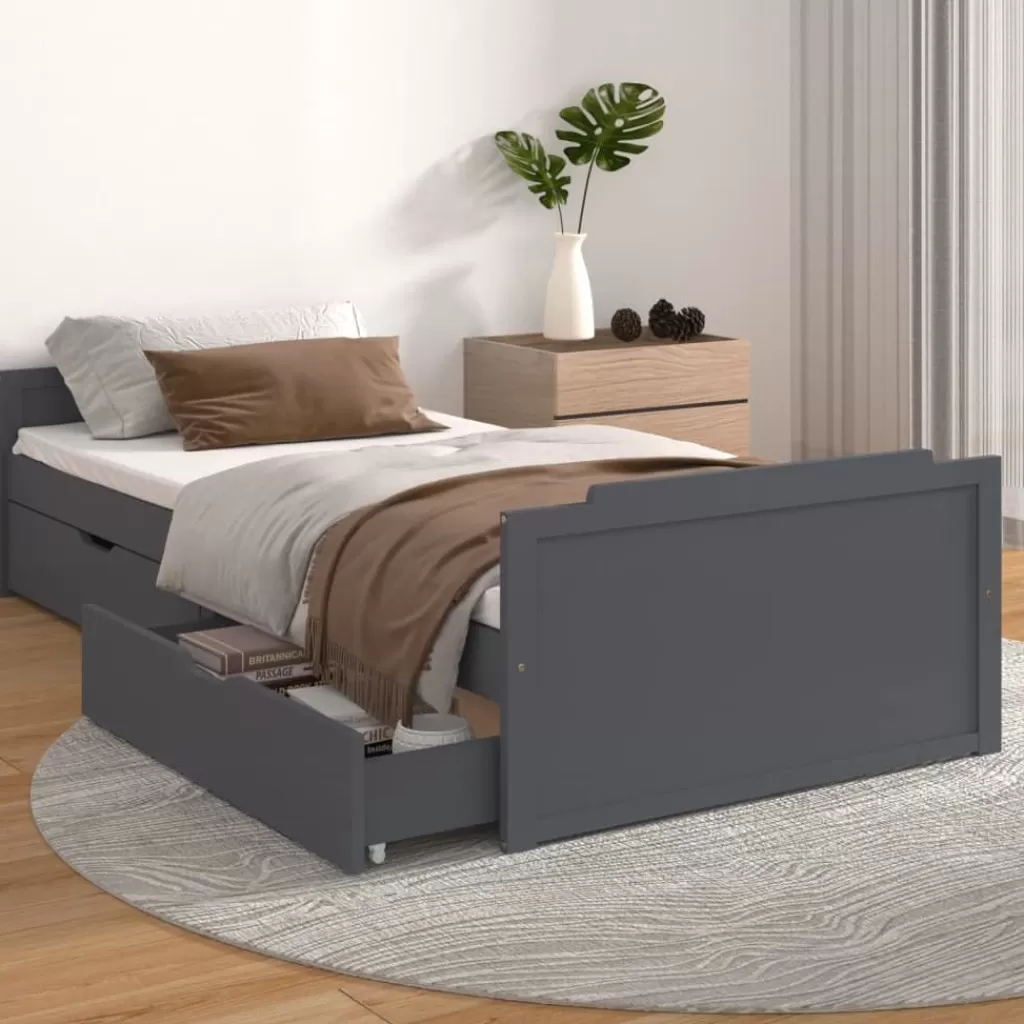 vidaXL Bedden & Accessoires> Bedframe Met Lades Massief Grenenhout Donkergrijs 90X200 Cm