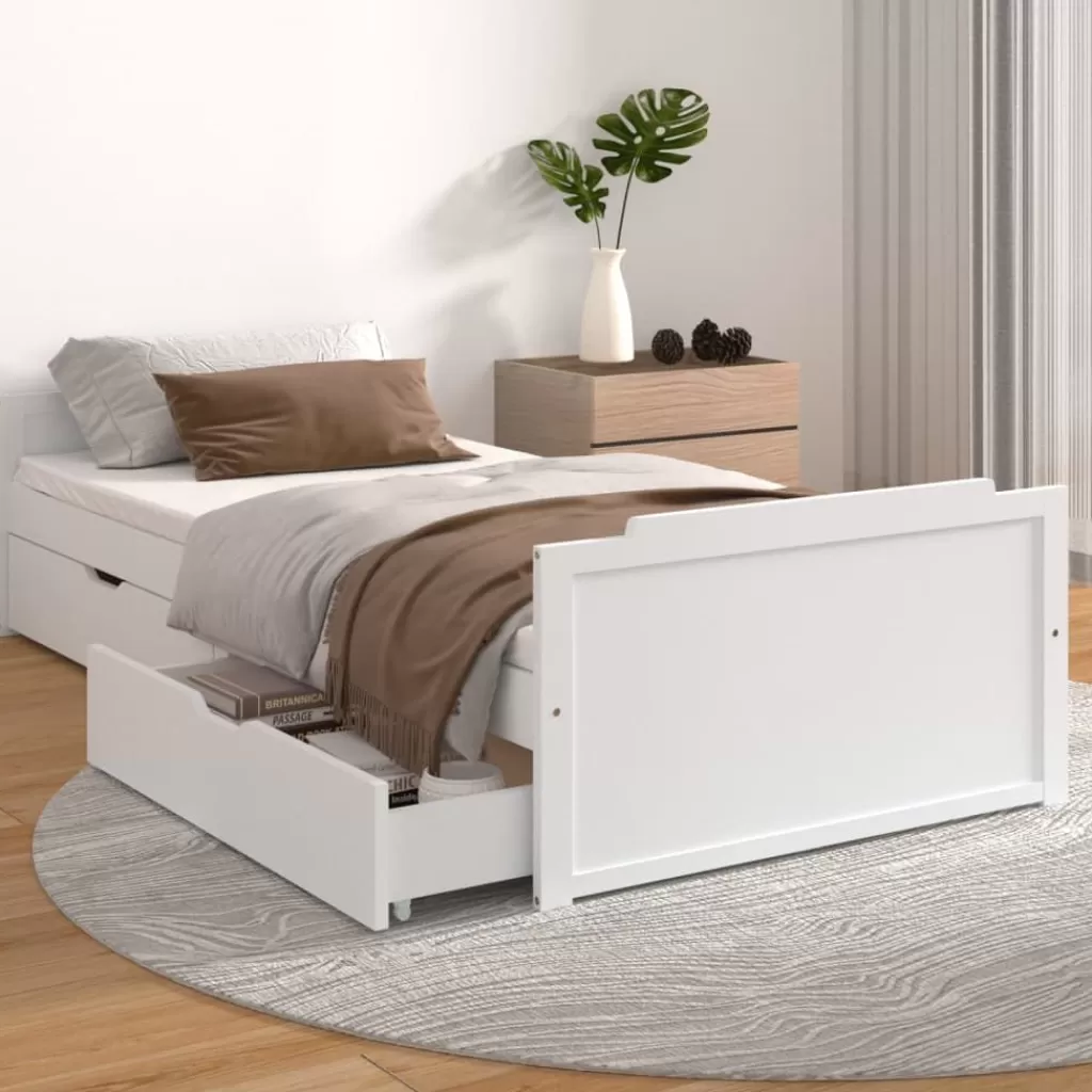 vidaXL Bedden & Accessoires> Bedframe Met Lades Massief Grenenhout Wit 90X200 Cm