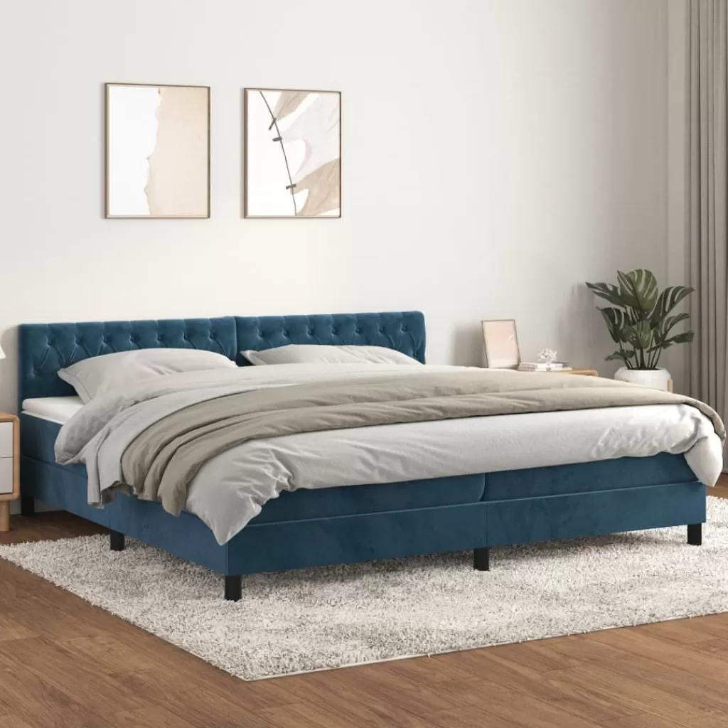 vidaXL Bedden & Accessoires> Boxspring Met Matras Fluweel Donkerblauw 200X200 Cm