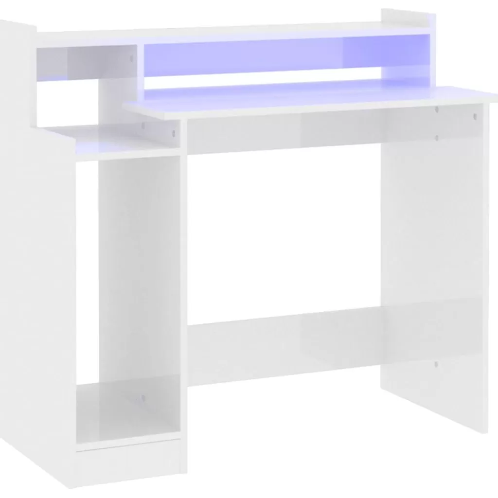 vidaXL Kantoormeubelen> Bureau Met Led-Verlichting 97X45X90 Cm Hout Hoogglans Wit