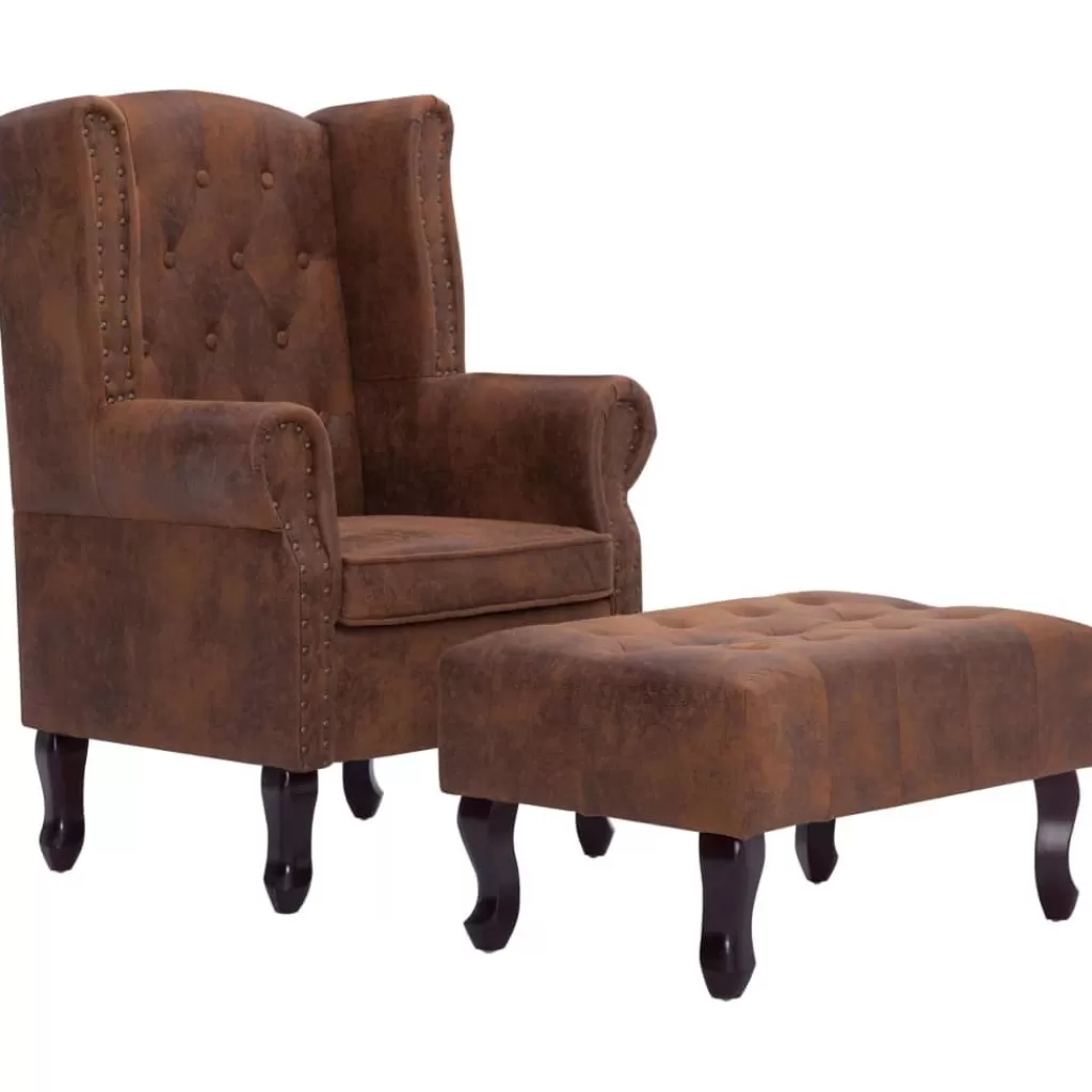 vidaXL Stoelen> Fauteuil En Voetenbank Chesterfield-Stijl Kunstsuede Bruin