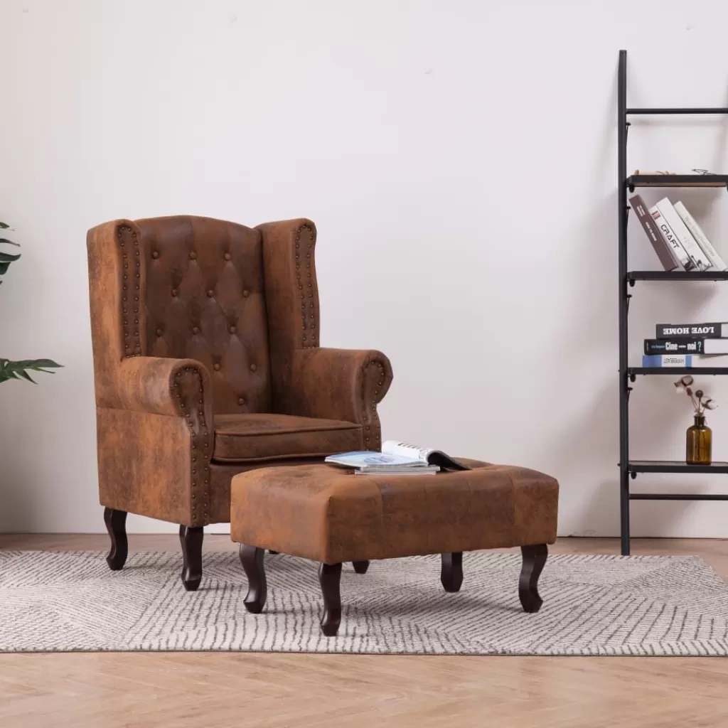 vidaXL Stoelen> Fauteuil En Voetenbank Chesterfield-Stijl Kunstsuede Bruin