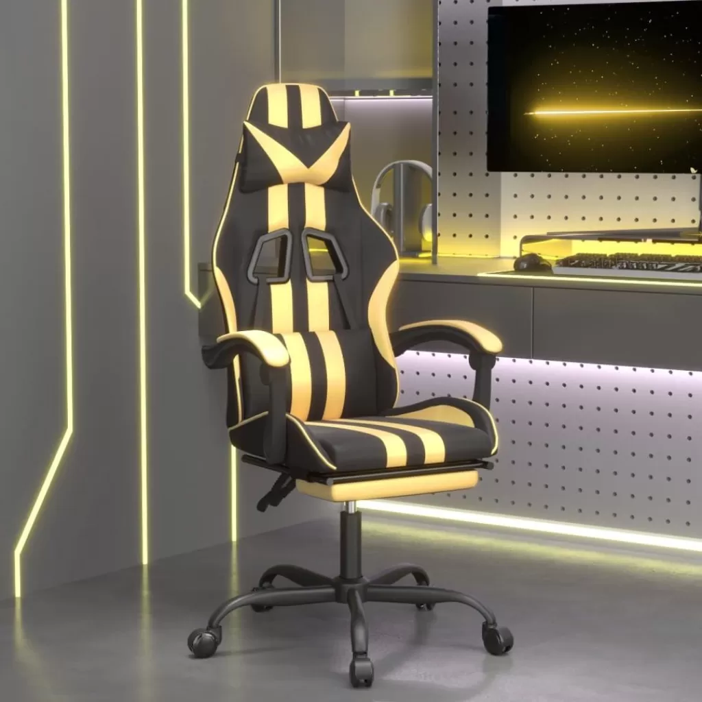 vidaXL Stoelen> Gamestoel Draaibaar Met Voetensteun Kunstleer Zwart & Goud