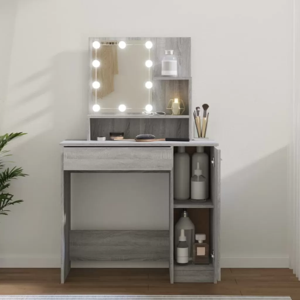 vidaXL Kasten & Opbergmeubelen> Kaptafel Met Led 86,5X35X136 Cm Grijs Sonoma Eikenkleurig