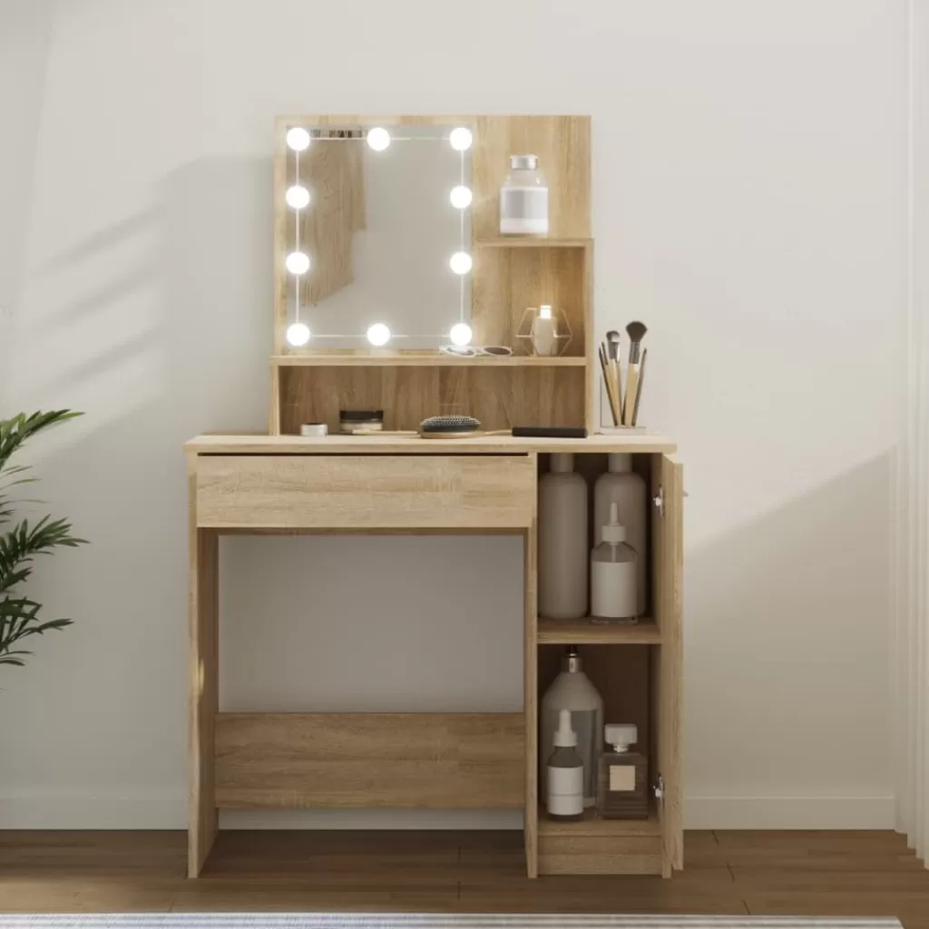 vidaXL Kasten & Opbergmeubelen> Kaptafel Met Led-Verlichting 86,5X35X136 Cm Sonoma Eikenkleurig