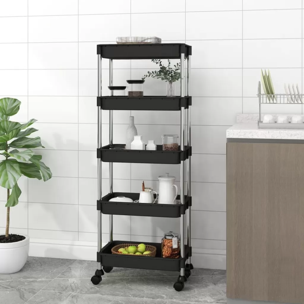 vidaXL Trolleys> Keukentrolley 5-Laags 42X29X128 Cm Ijzer En Abs Zwart