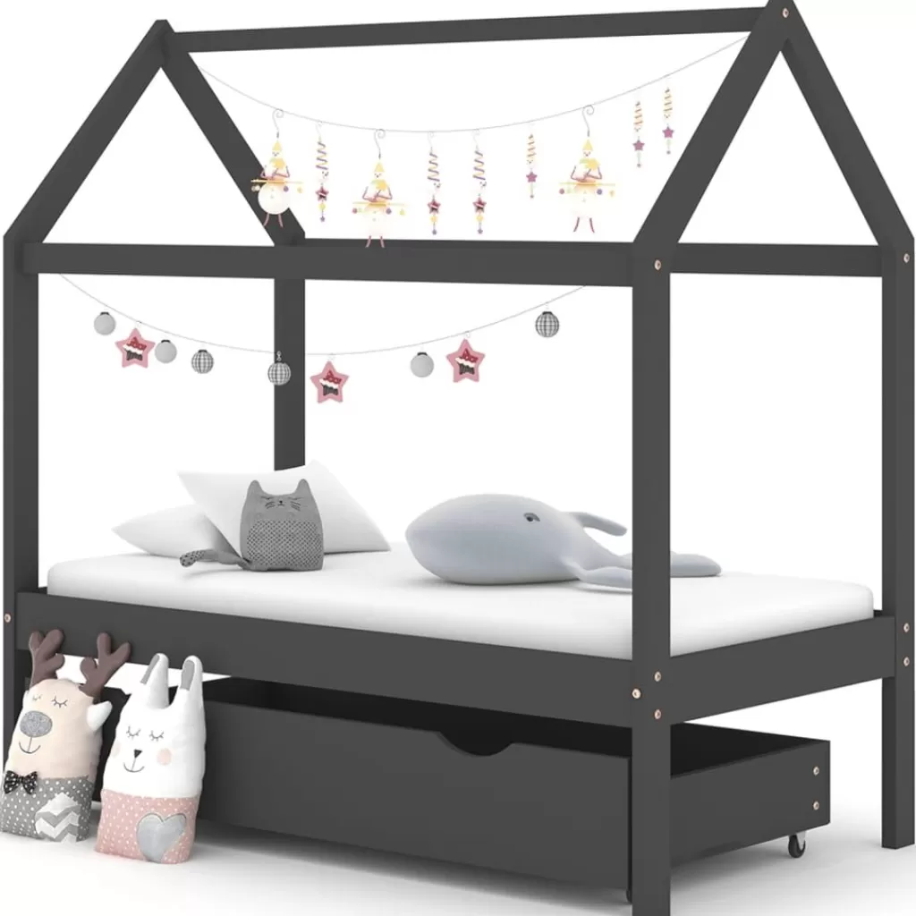 vidaXL Meubelen Voor Baby'S & Peuters> Kinderbedframe Met Lade Grenenhout Donkergrijs 70X140 Cm