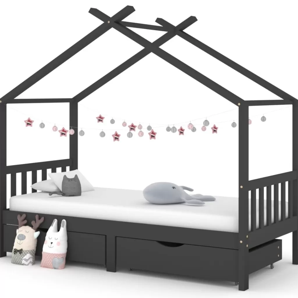 vidaXL Meubelen Voor Baby'S & Peuters> Kinderbedframe Met Lades Grenenhout Donkergrijs 90X200 Cm