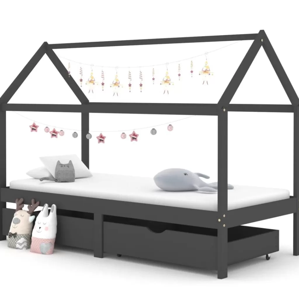 vidaXL Meubelen Voor Baby'S & Peuters> Kinderbedframe Met Lades Grenenhout Donkergrijs 90X200 Cm