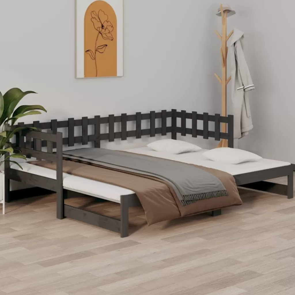 vidaXL Bedden & Accessoires> Slaapbank Uitschuifbaar 2X(80X200) Cm Massief Grenenhout Grijs