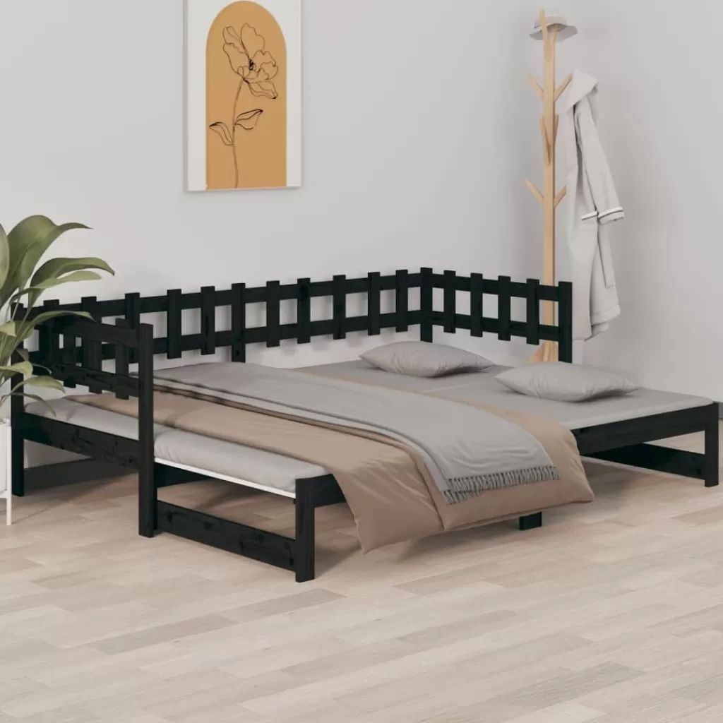 vidaXL Bedden & Accessoires> Slaapbank Uitschuifbaar 2X(80X200) Cm Massief Grenenhout Zwart