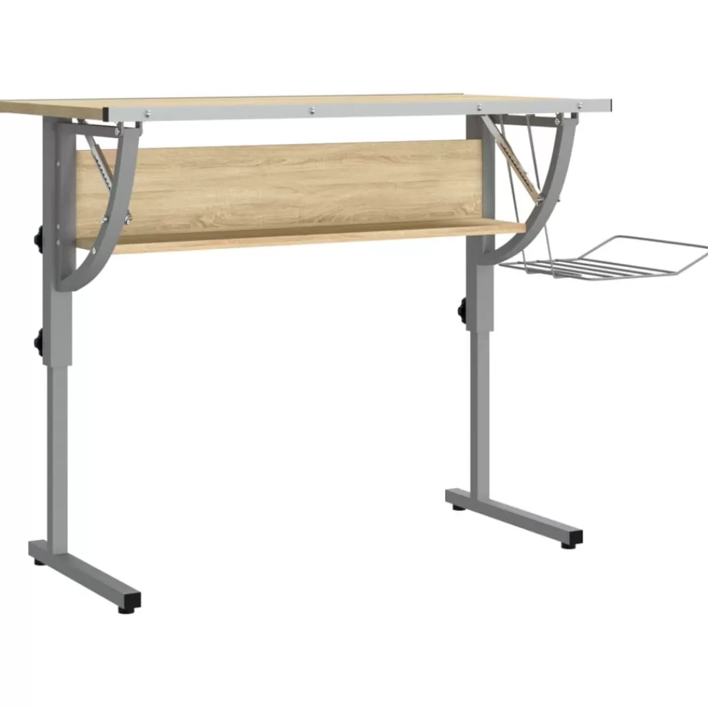 vidaXL Kantoormeubelen> Tekentafel 110X53X(58-87) Cm Bewerkt Hout En Staal Eiken/Grijs