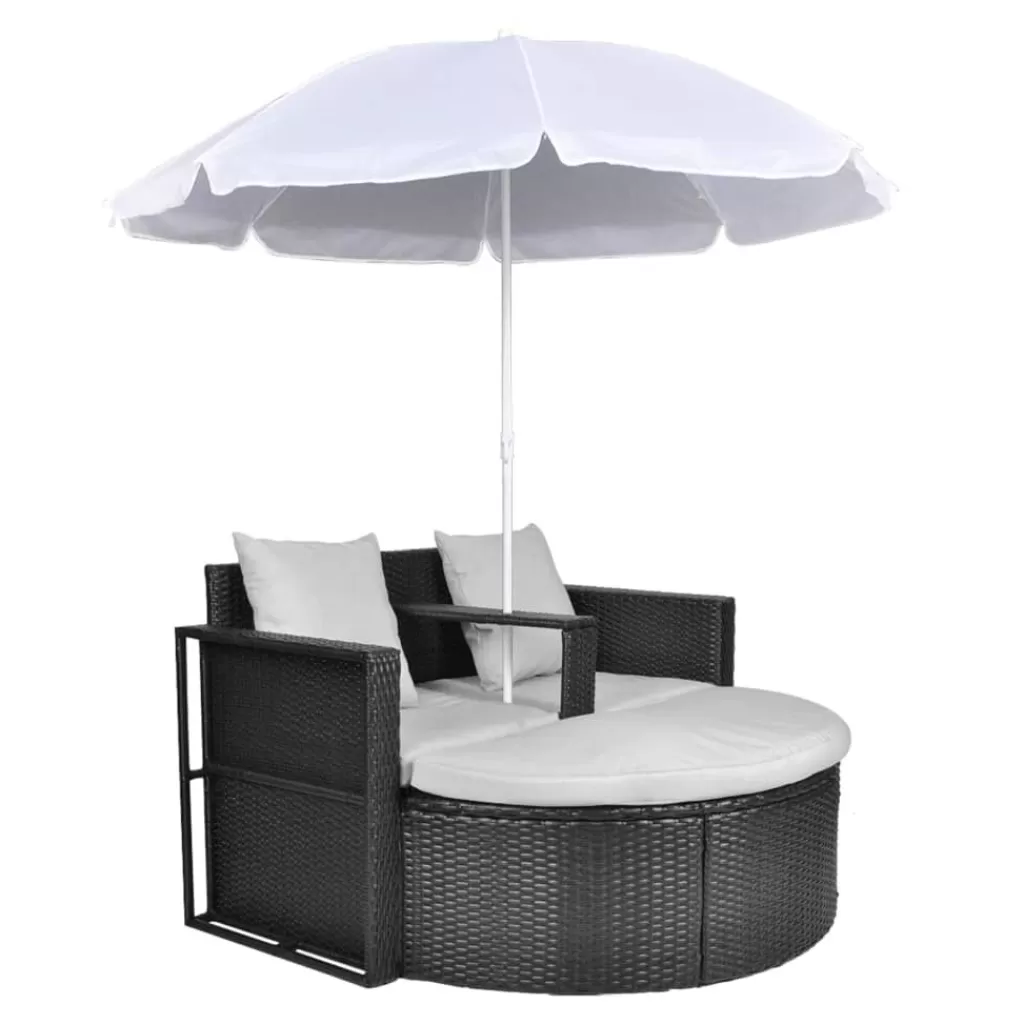 vidaXL Tuinmeubelen> Tuinbed Met Parasol Poly Rattan Zwart