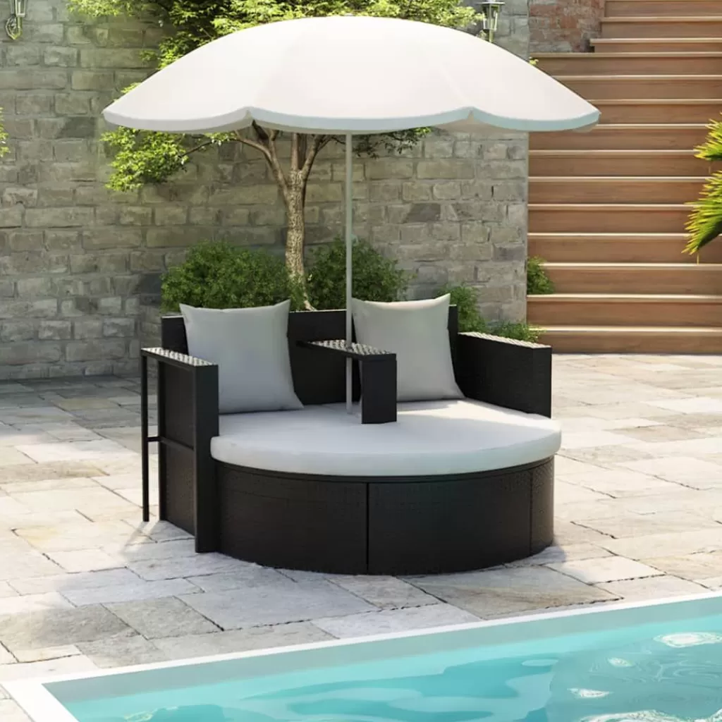 vidaXL Tuinmeubelen> Tuinbed Met Parasol Poly Rattan Zwart