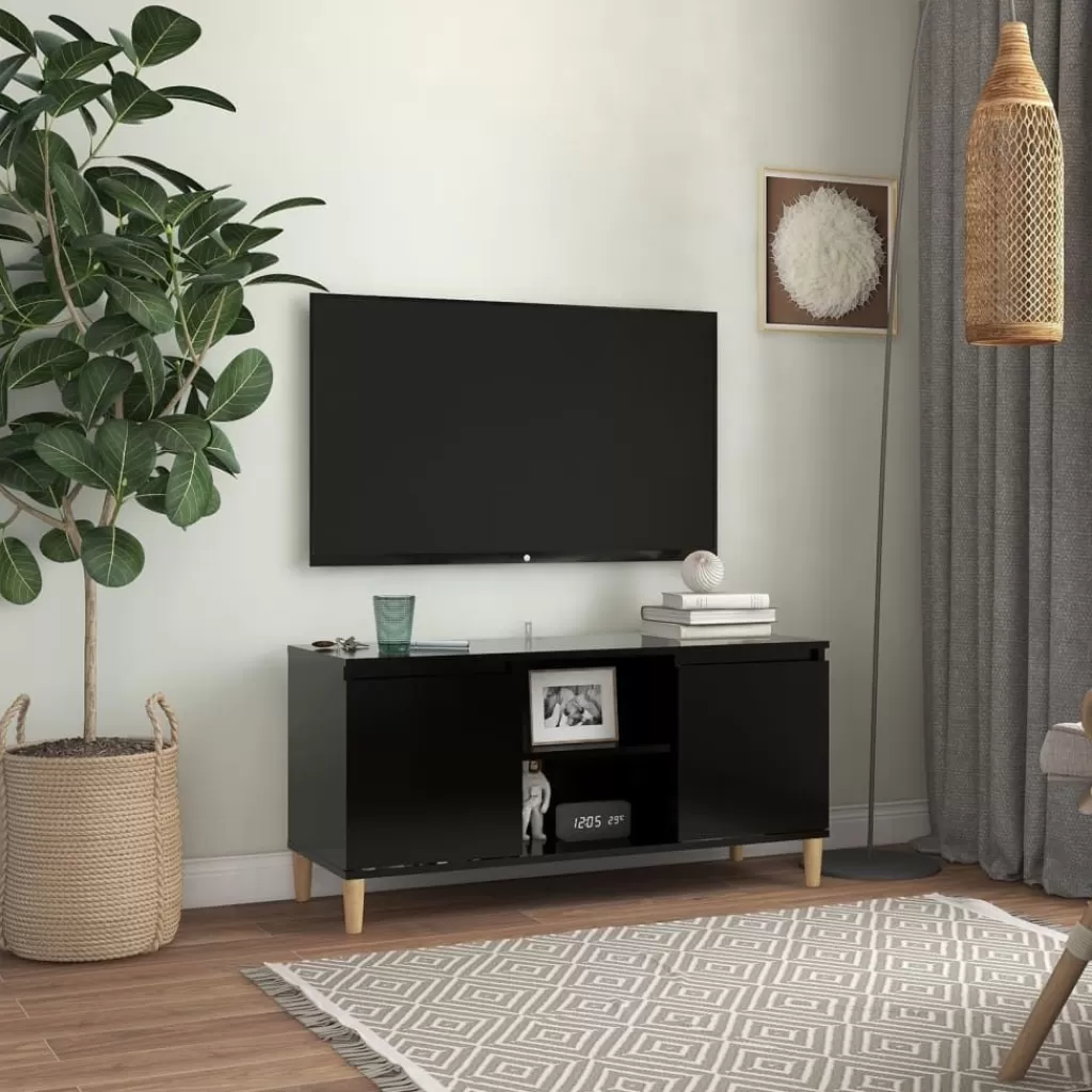 vidaXL Tv-Meubels> Tv-Meubel Met Massief Houten Poten 103,5X35X50 Cm Zwart